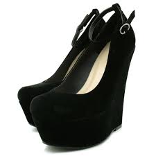 Buy Wedge Heel Suede Style Ankle Strap Platform Court Shoes - Black