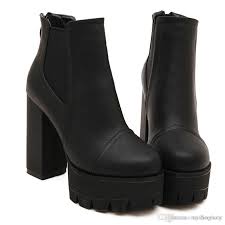 Fashion Platform Shoes Thick Heel Ankle Boots Heels Black Leather ...
