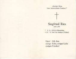 Sterbezettel von Siegfried Ries cand. phil. *05.11.1938 in ...