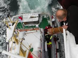 Easy does it: A passenger watches as pensioner Janet Richardson is lowered from the cruise ship on to a rescue boat on a stretcher - article-1378935-0BB5A8B500000578-968_634x476