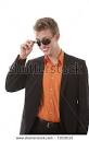 Cool Young Man In Suit And Orange Shirt With Sunglasses Flirting