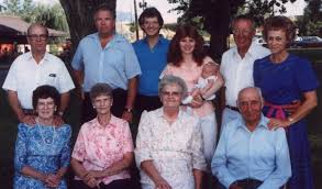 Back (l-r): LeRoy Holden, D Hemsley, Bryan, Jill, and Amanda Hemsley, Mel and Shanna Thompson. Front: Clara Holden, Belle Hemsley, June and Walter Hansen. - grandparentsmomdad-6-861