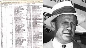 German industrialist Oskar Schindler arrives in Frankfurt, Germany, in this July 4, 1957 photo. An original copy of the list of Jewish refugees Schindler is ... - ht_schindlers_list_ll_130719_16x9_992