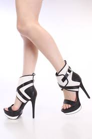 Black White Open Toe Platform Heels Faux Leather