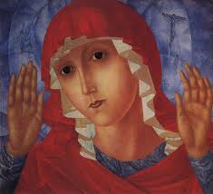 Virgin of Tenderness evil hearts - Kuzma Petrov-Vodkin. Artist: Kuzma Petrov-Vodkin. Start Date: 1914. Completion Date:1915. Style: Symbolism - virgin-of-tenderness-evil-hearts-1915