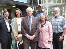 Campaigners pictured outside the Sobell centre with staff member Bob Overton: Gordon Kerr, Katie Dawson with son Abel, 3, James Dunnett, London Assembly ... - inews01