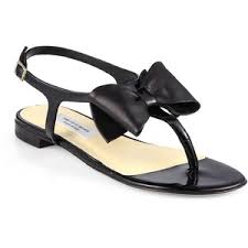 BLACK Saks Fifth Avenue Bow T-Strap Leather Flat Sandals - Polyvore
