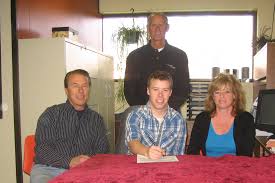 In the photo: (front) Bob Krane (father), Jake Krane, Teresa Krane (mother); (back) Art Mullet (Hesston College baseball coach) - baseball_jake_krane