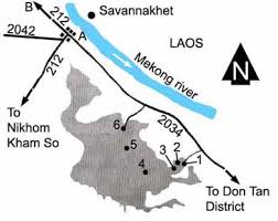 3 = Lan Mucharin (rock yard) 4 = Phu Tham Phra (rock shelter, Buddha images) 5 = Pha Mue Daeng 6 = Huay Sing reservoir. A = Mukdahan town - map