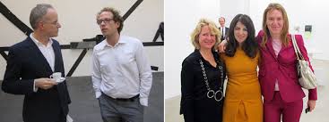 Left: Curator Hans Ulrich Obrist with dealer Johann König. Right: Dealer Esther Schipper, curator Cay Sophie Rabinowitz, and dealer Marie-Blanche Carlier. - article01