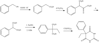 Another method of phenobarbital synthesis starts with condensation of benzyl 