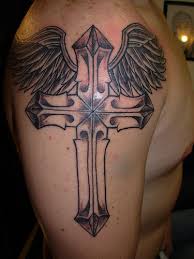 cross and angel wing tattoo