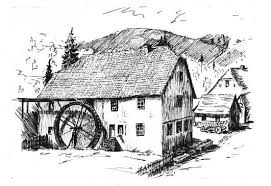 Die Zeichnung von Kindelbergers Geburtshaus stammt von Erich Löscher. Es ist das vorletzte Haus auf der rechten Seite Richtung Fischbach.