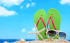 Seashell Starfish Sunglasses And Green Flip Flops In Sand On Beach ...
