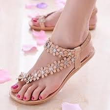 Women New Bohemia Flower Beads Flip-flop Shoes Flat Sandals Thong ...
