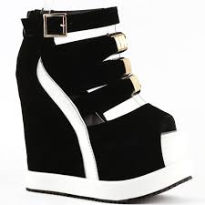 Sexy Black White Peep Toe Buckle Strappy Wedge Platform Sandals ...