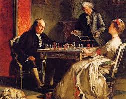 Benjamin Franklin disputando uma partida de xadrez, quadro de Edward Harrison May (1824-1887)