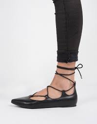 Lace Up Ballerina Flats - Black Flats - Black Shoes � 2020AVE
