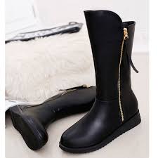 Fashion Black Flat Women Shoes Woman Boots Leather Mid Calf Autumn ...