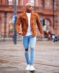 Brown leather jacket with bright shirt