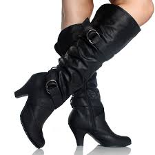 Black Slouch Boots Tall Buckle Scrunch Fashion Dress Womens High ...