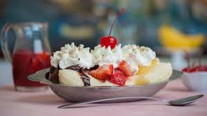 Image result for food Golden Gate Banana Split - Chocolate, strawberry and vanilla ice cream topped with chocolate, strawberry and pineapple syrup. A banana bridge rises above the whipped cream fog. Open up that Golden Gate!
