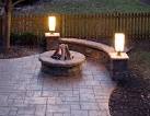 Stamped concrete patio, gas fire pit, stone walls and lighting ...