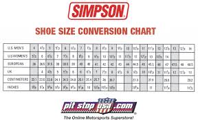 Sizing Chart: Simpson Auto Racing Shoes