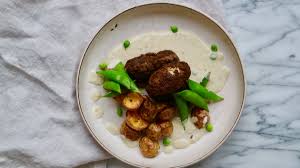 Image result for food Beef tenderloin croquettes, new peas and mashed potatoes
