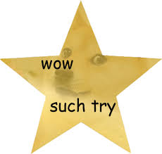 gold star with doge in the background and text: wow such try