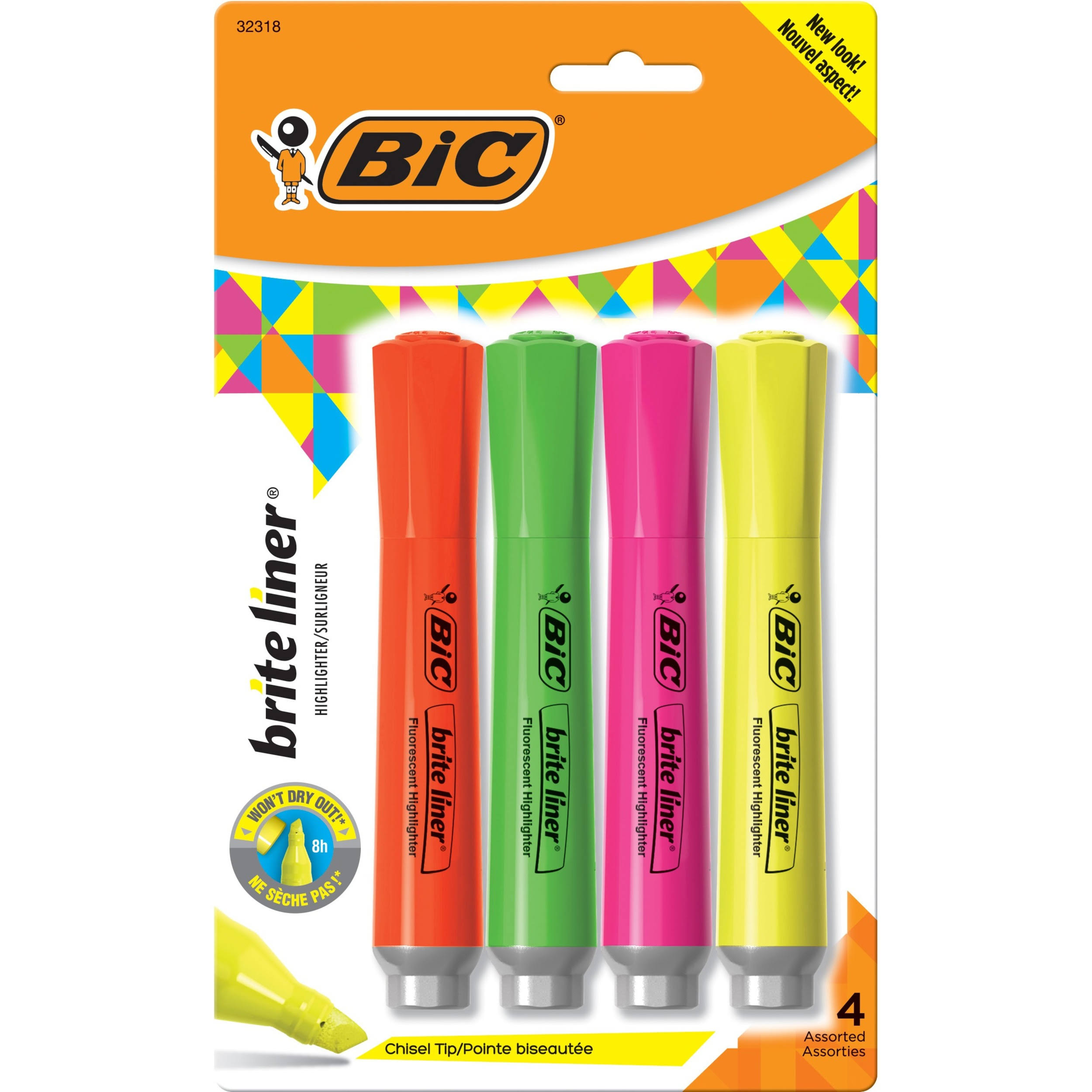 Bic Brite Liner Highlighter, Pastel, Chisel Tip, Assorted - 6 highlighter