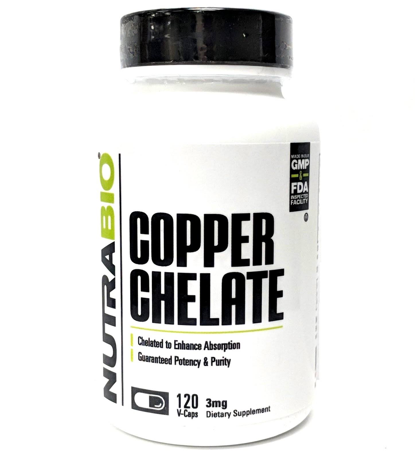 NutraBio Copper Chelate Supplement - 120 Vegetable Capsules