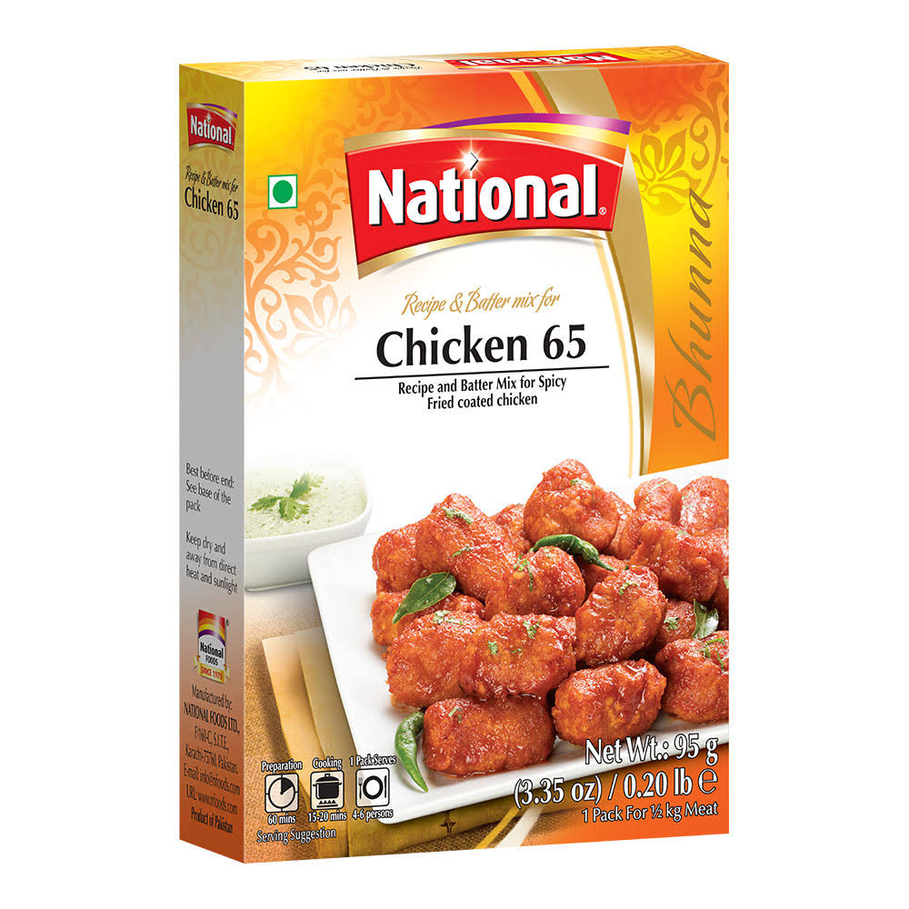 National Foods Chicken 65 Recipe & Batter Mix 3.35 oz (95g) | South Asian Curry Masala Powder | Traditional Hot Meat Stew Seasoning | Box Pack