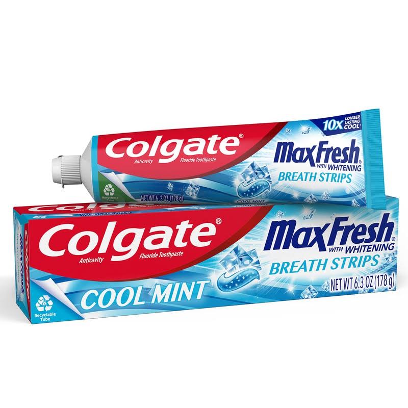 Colgate max fresh with whitening toothpaste with mini breath strips, cool mint toothpaste for bad breath, 6.3 oz tube