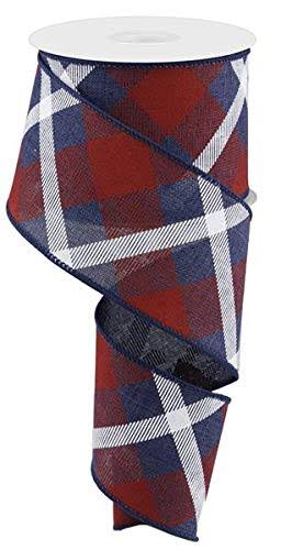 2.5 inch Navy Blue, Red & White Printed Plaid Canvas Ribbon - 10 Yards