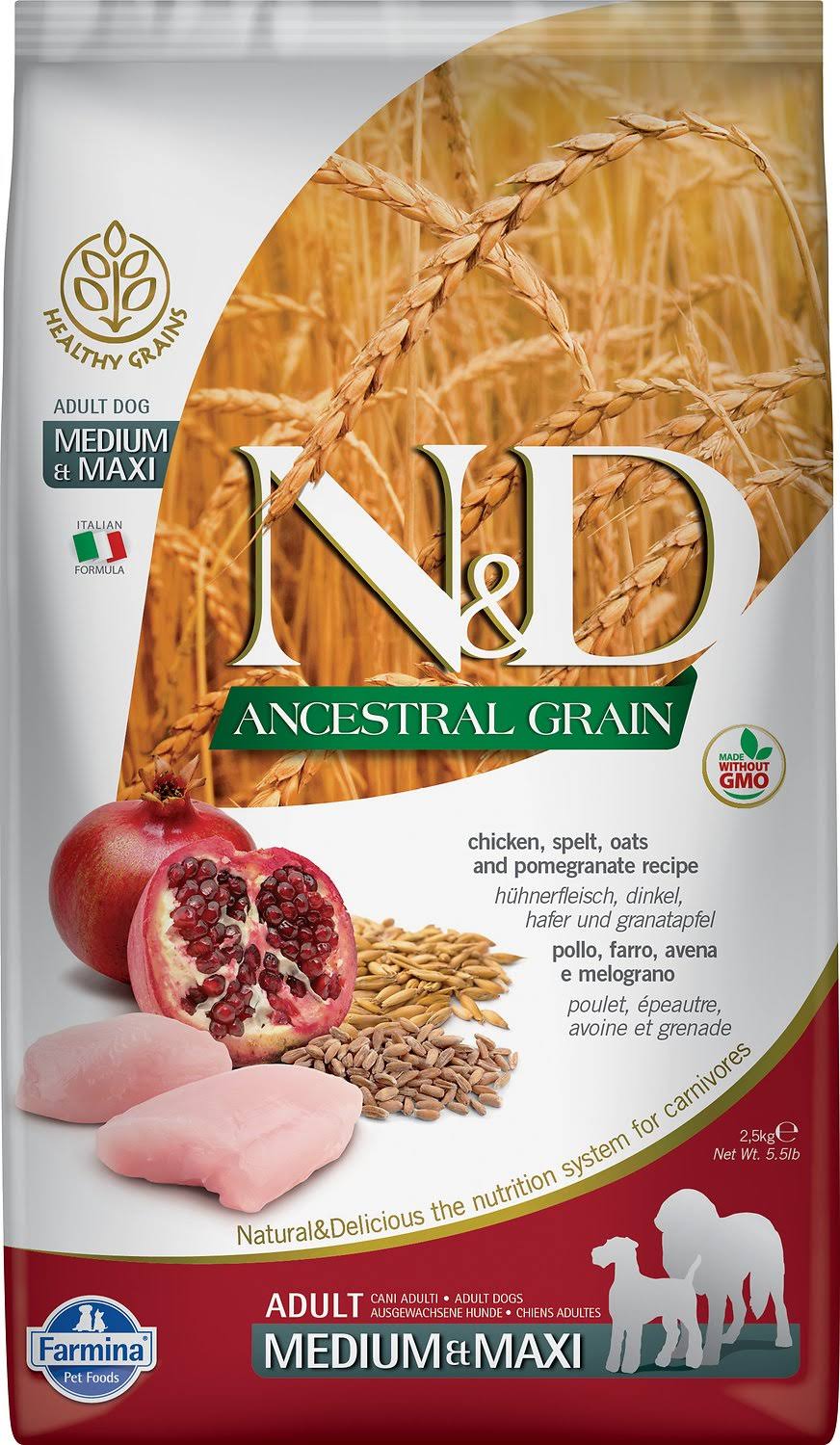 Farmina N&D Ancestral Grain Chicken & Pomegranate Medium & Maxi Adult Dry Dog Food, 5.5-lb