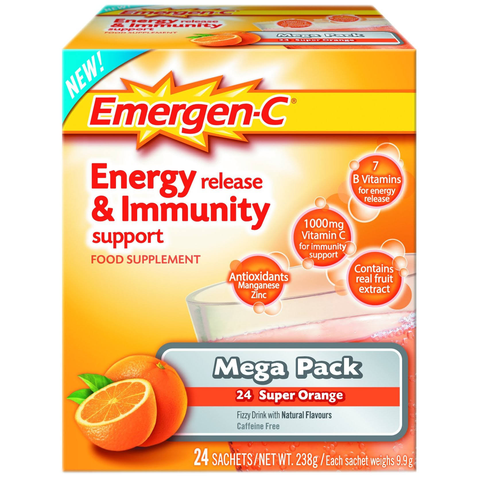 Emergen-C Energy Release and Immunity Support Food Supplement - Super Orange, 238g, 24ct