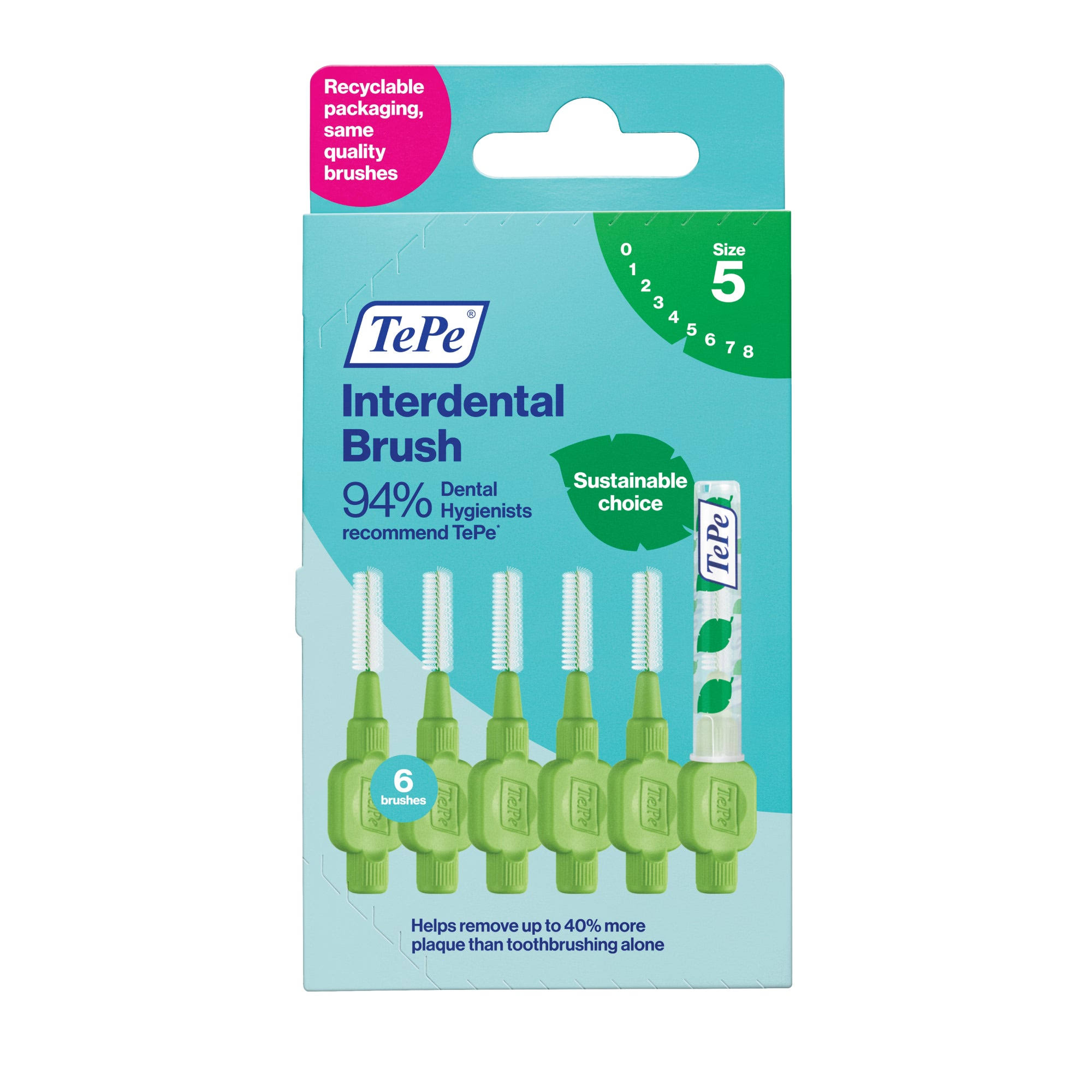 3x TePe 0.8mm Green Interdental Brush Size 5 - Pack of 6