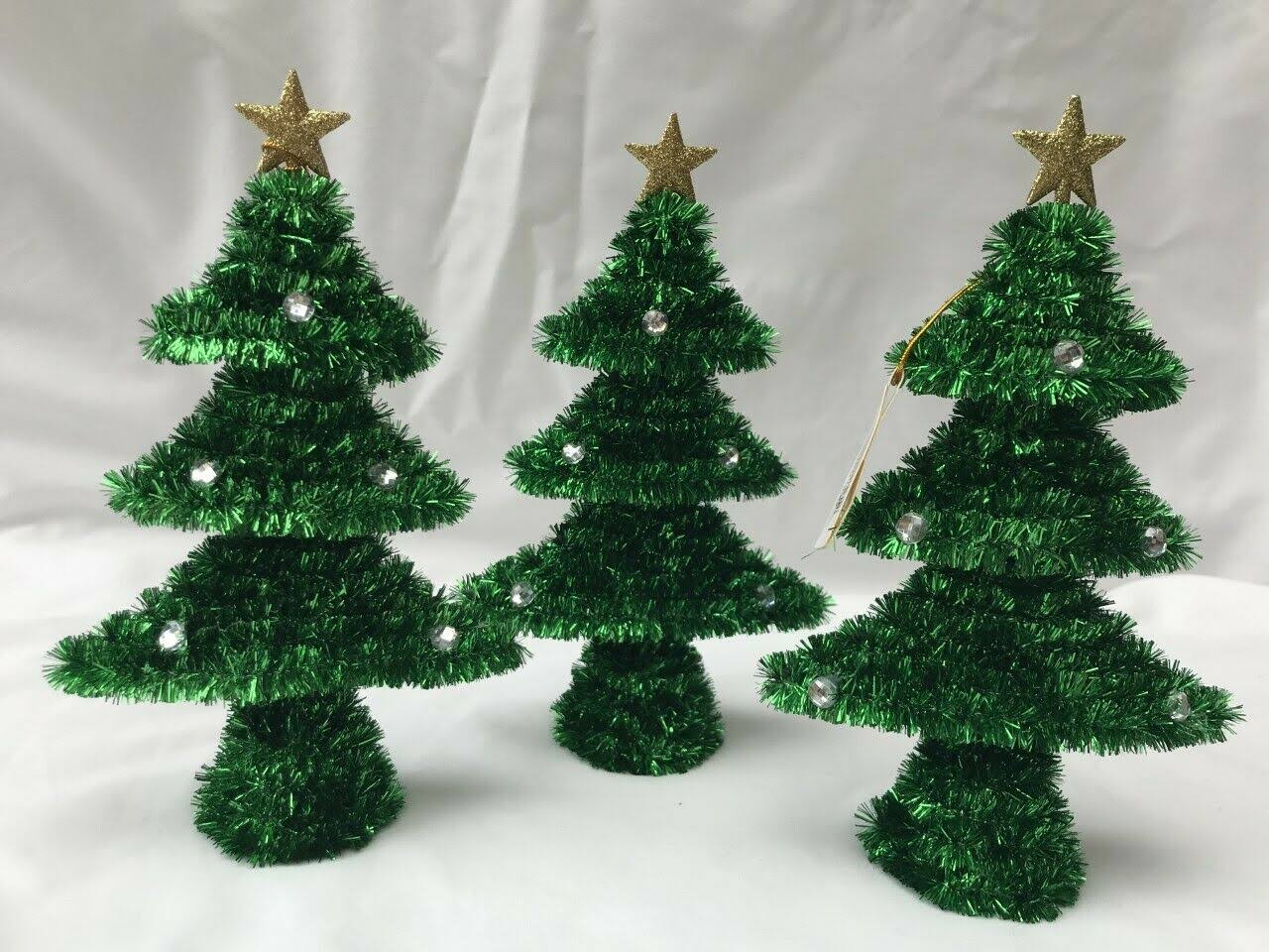 3 x Tinsel Christmas Tree Christmas Table Decorations Green