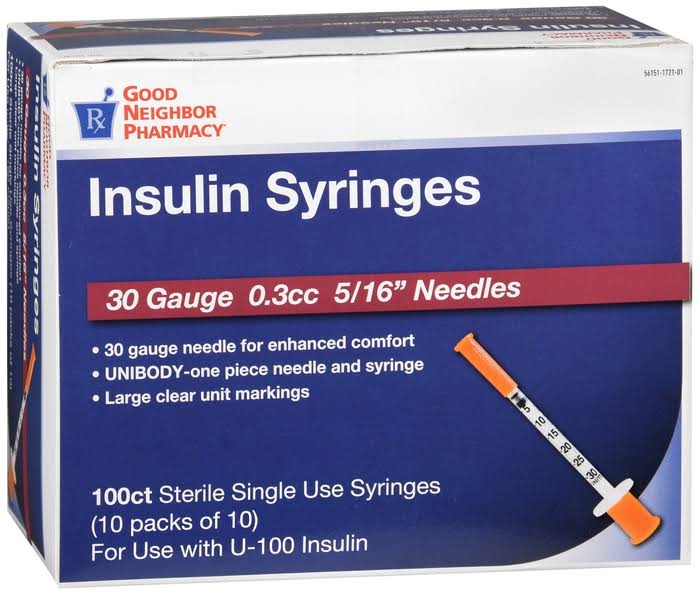 GNP Insulin Syringe 30 Gauge, 3/10cc, 5/16"- 100ct (1-4 Boxes)
