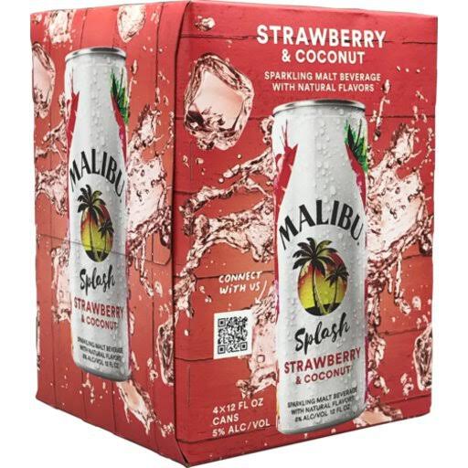 Malibu Malt Beverage, Sparkling, Strawberry & Coconut - 4 cans [12 fl oz]