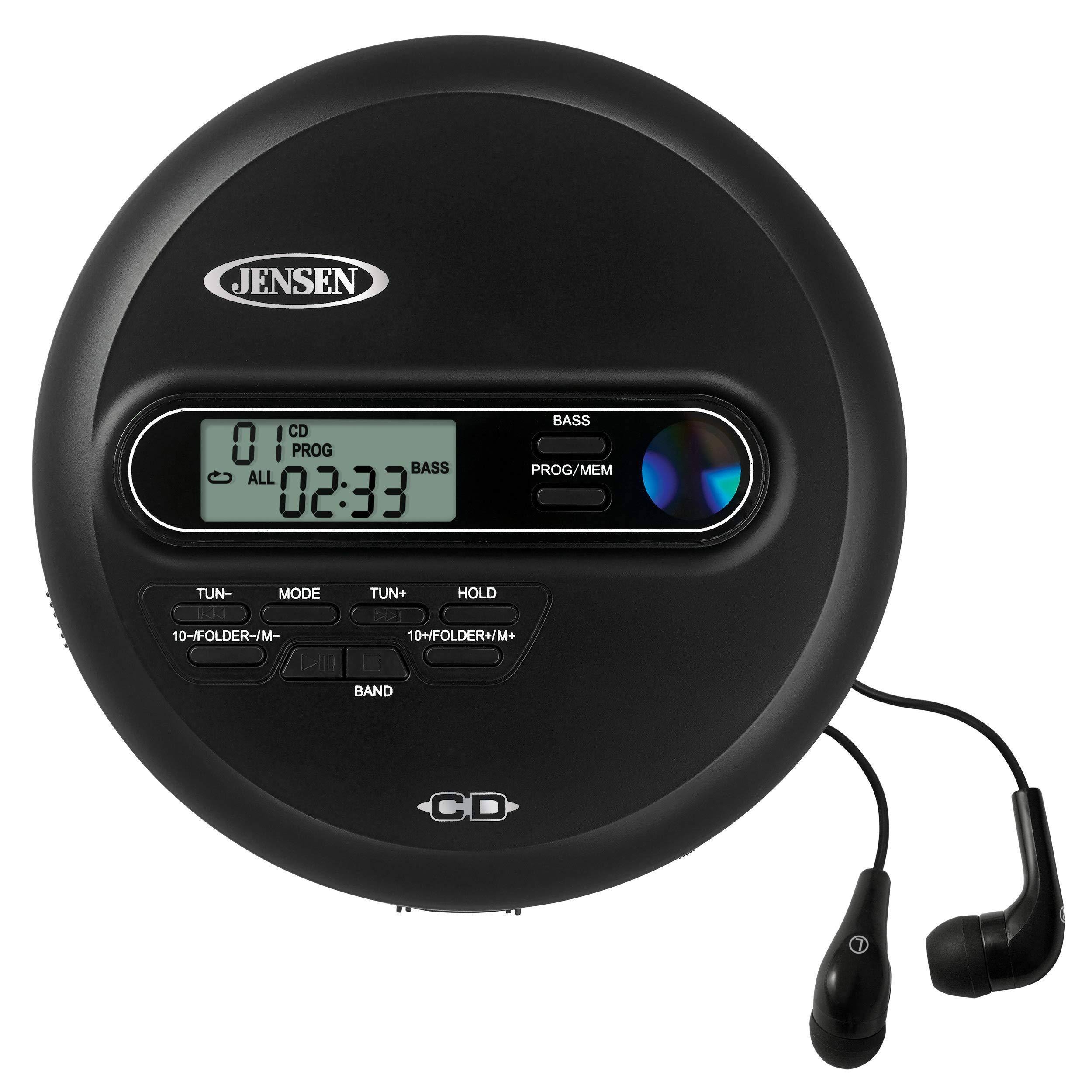 Jensen Portable CD Player Personal CD/MP3 Player + AM/FM Radio + with LCD Display Bass Boost 60-Second Anti Skip CD R/RW/Compatible+ Sport Earbuds