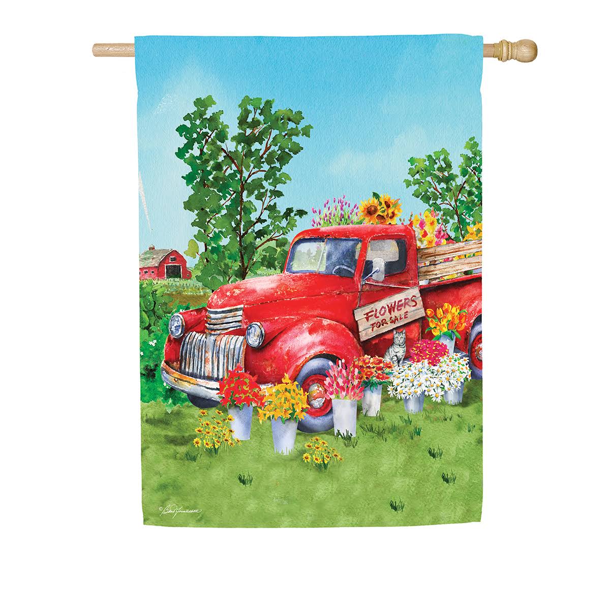 Evergreen Suede 2-Sided House Flag -Red Flower Truck