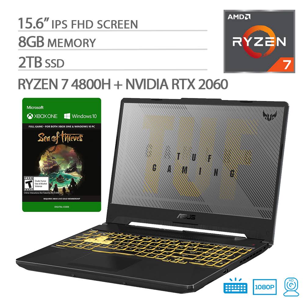 ASUS TUF VR Ready Gaming Laptop, 15.6" IPS FHD, AMD Ryzen 7-4800H Octa-Core up to 4.20 GHz, NVIDIA RTX 2060, 8GB RAM, 2TB SSD, RGB Backlit KB, R