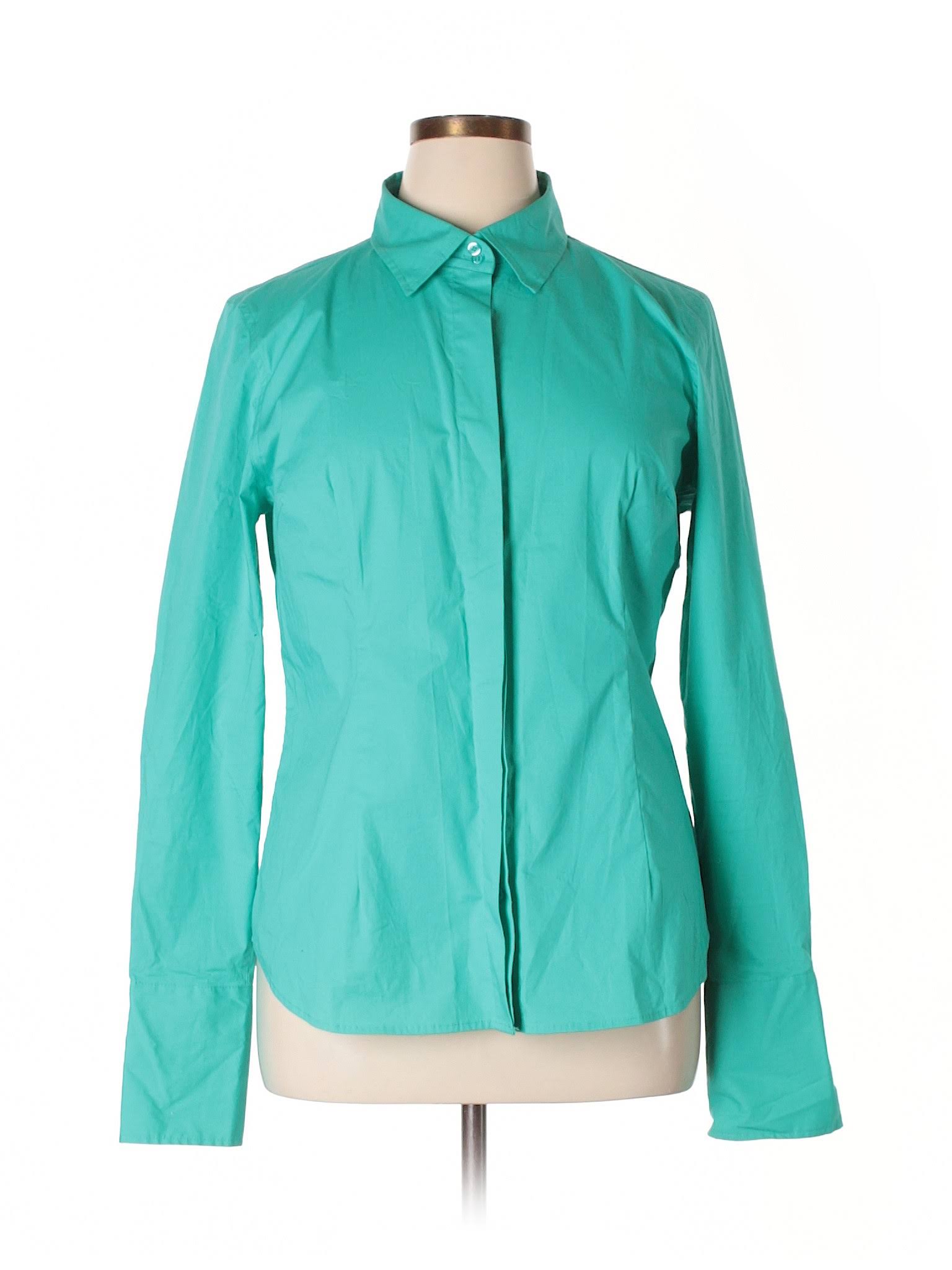Moda International Long Sleeve Button Down Shirt Size 12: Teal Women's Tops - 38321221