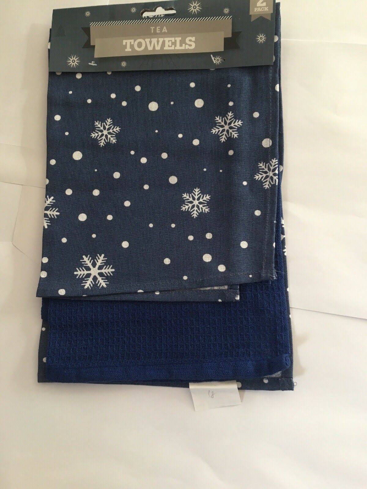 2 x Christmas Tea Towels Arctic Blue Christmas Snowflakes Design New