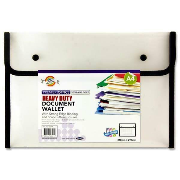 Premier A4 Button Stud Clear Plastic Envelope Document Wallet Files Pack of 3 