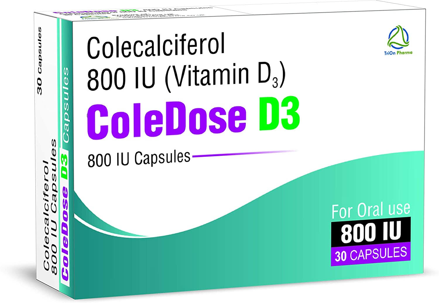 Vitamin D 800 IU –Equivalent to 20 mcg - ColeDose D3, Premium Vitamin - 30 Capsules- One A Day
