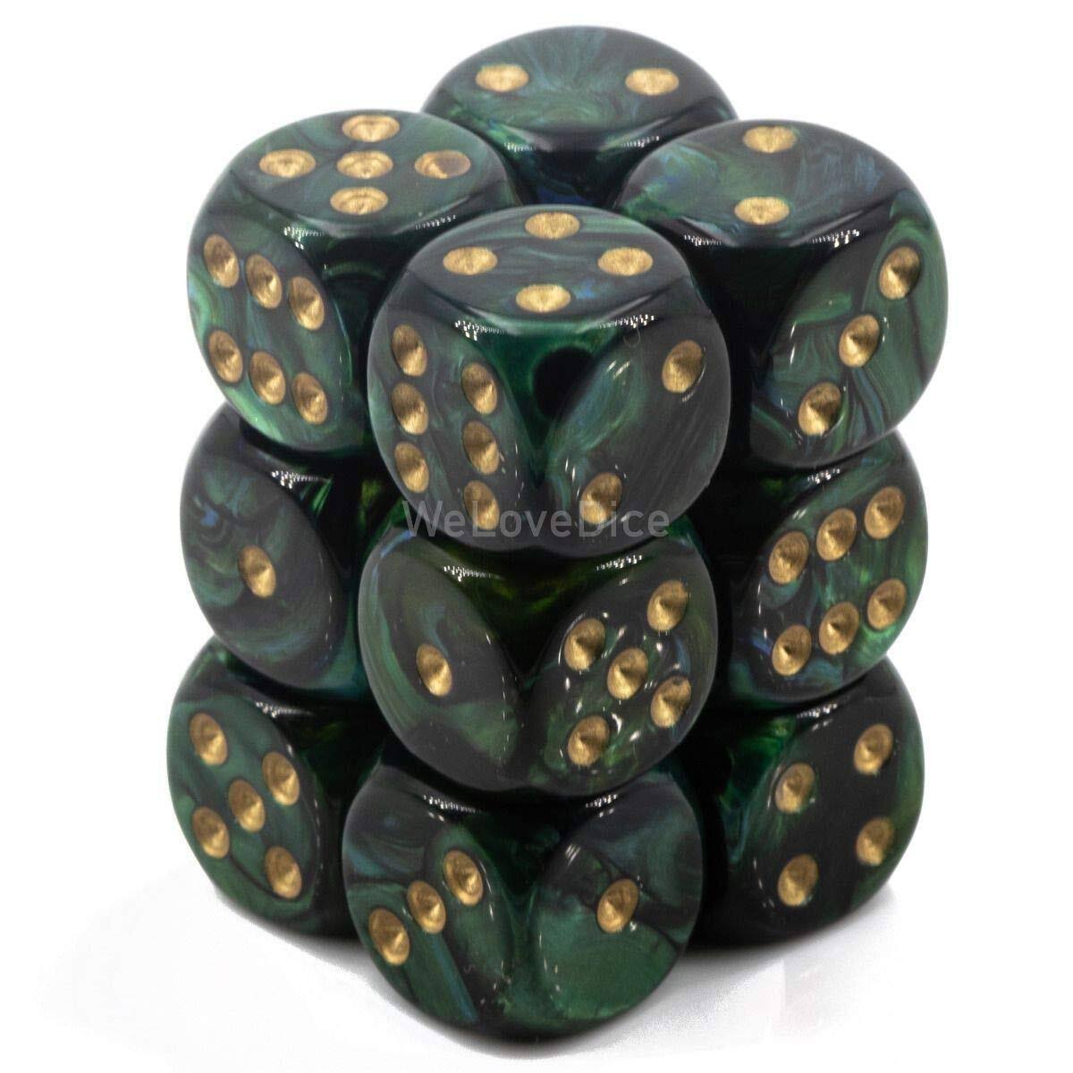Chessex Scarab Dice - Jade with Gold, 16mm, 12pcs