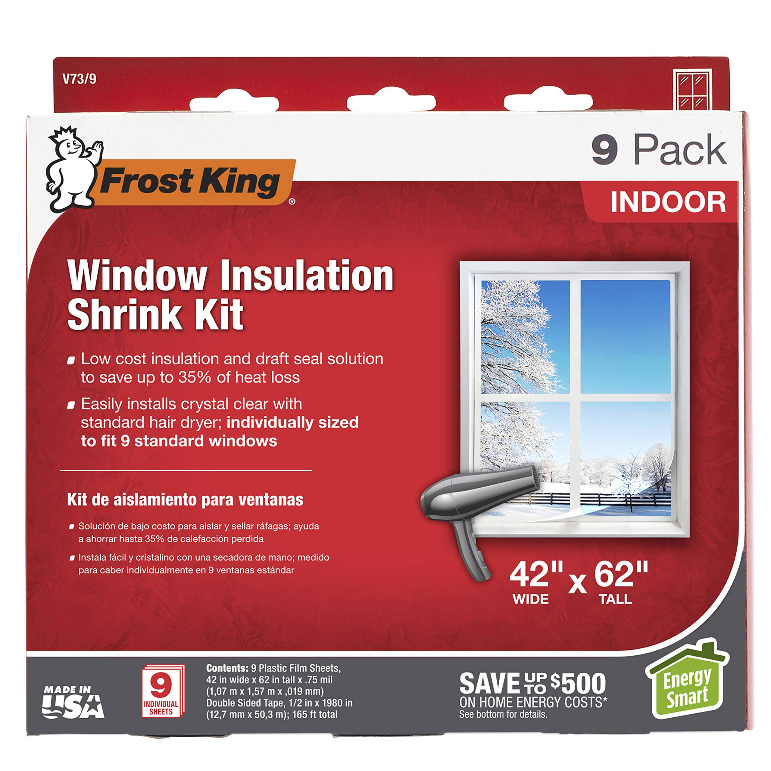 Frost King V73 9H Indoor Shrink Insulation Window Kit - 42" x 62", Clear